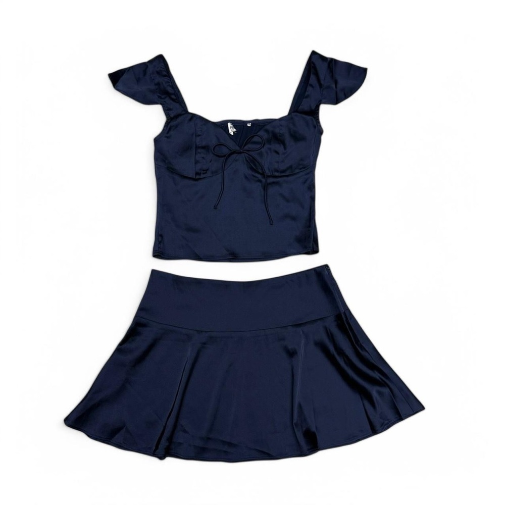 princess polly satin navy mini skirt and top set ♡